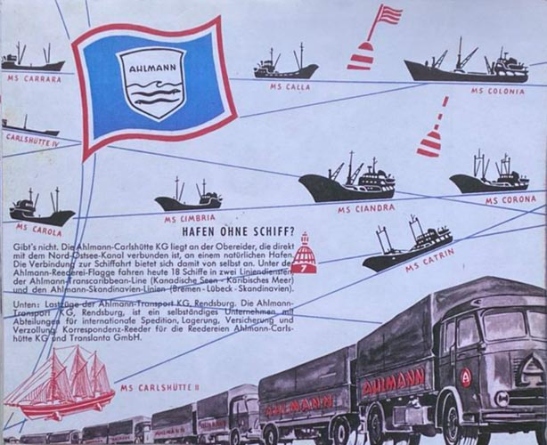 Ahlmann-Transport KG活动概览。公司拥有一支卡车车队，同时也是一家航运公司。左上：船只航行时悬挂的旗帜。